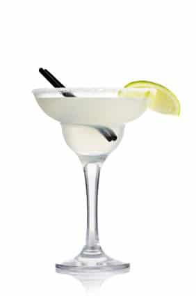 Transparent alcohol cocktail with lime slice isolated